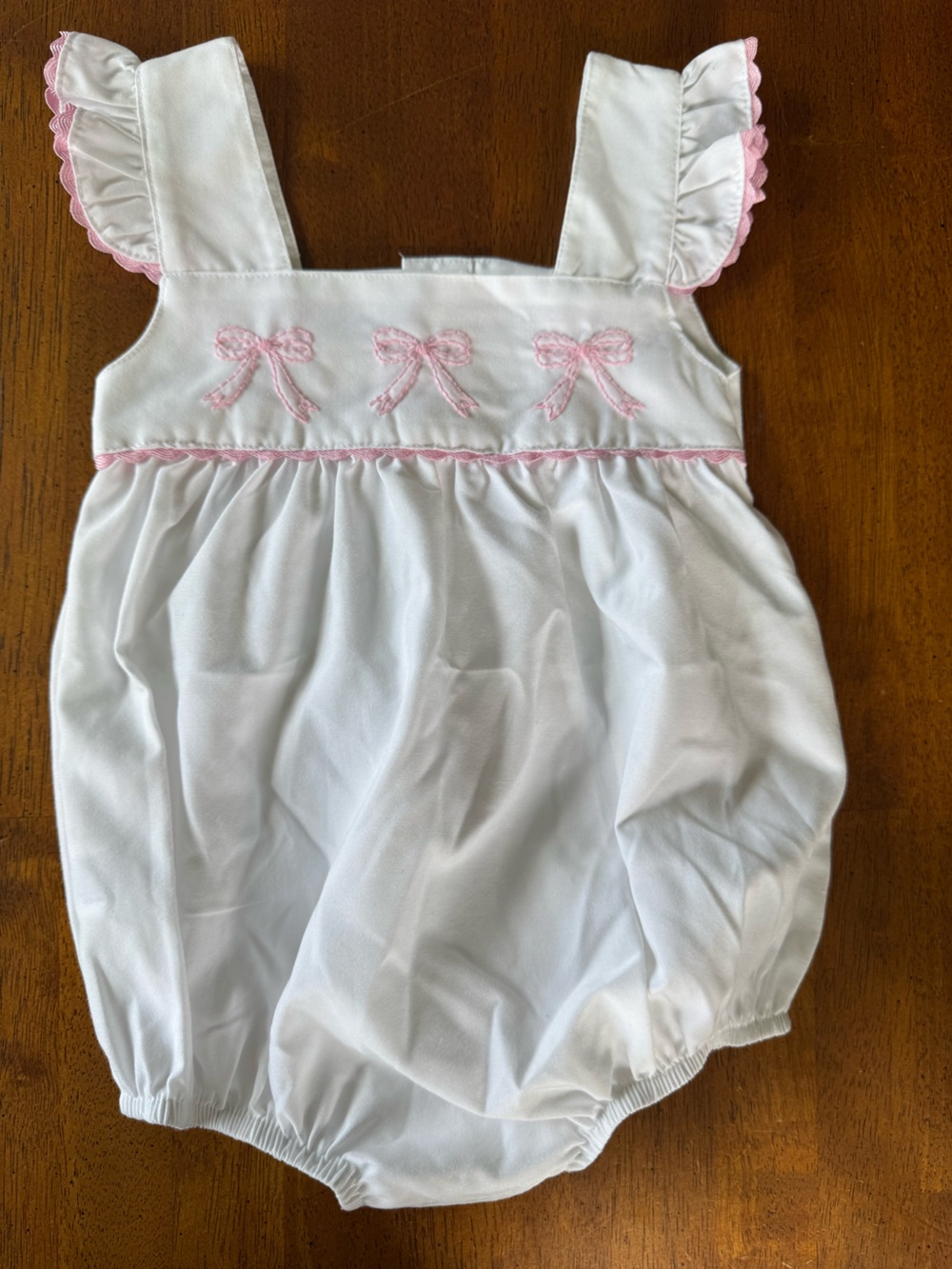 Sweet Dreams White Baby Bubble Romper with Pink Bow Trim